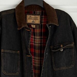 Women's Black Denim Field Jacket with Brown Trim and Flannel Lining